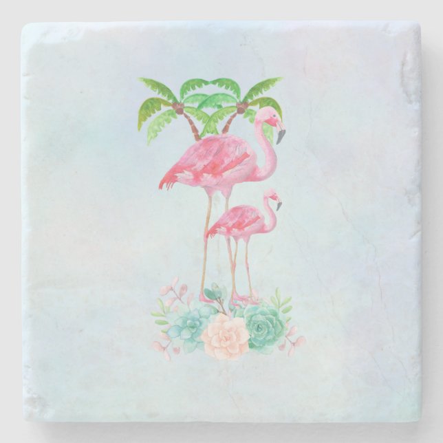 Posavasos De Piedra Pink Flamingo Momma & Baby with Palm Trete (Anverso)