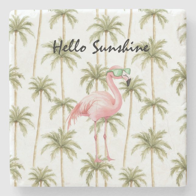 Posavasos De Piedra Pink Flamingo Palm Trees (Anverso)