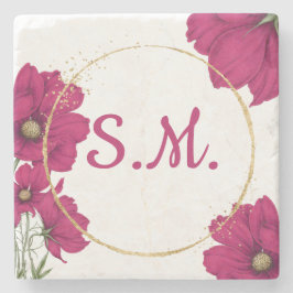 Posavasos De Piedra Pink Floral Gold Circle 