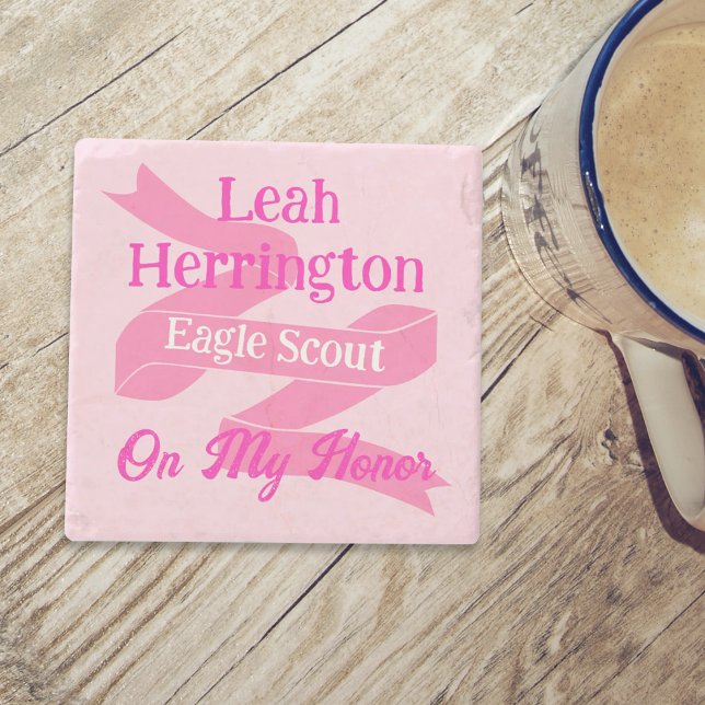 Posavasos De Piedra Pink & Magenta Eagle Scout Court of Honor (Pink eagle scout court of honor coaster gift, personalized pink coaster with name and banner ribbon)