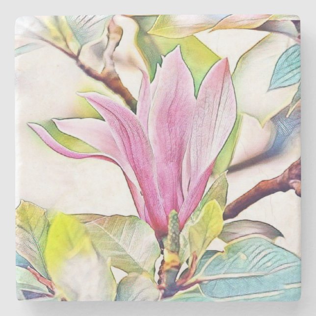 Posavasos De Piedra Pink magnolia flower watercolor blue background   (Anverso)