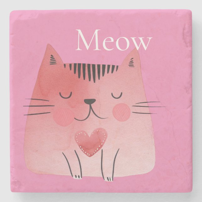 Posavasos De Piedra Pink Meow Cat (Anverso)