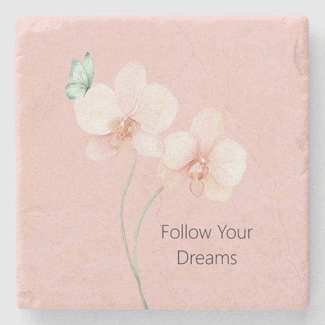 Posavasos De Piedra Pink Orchid Flowers Mint Green Butterfly (Anverso)
