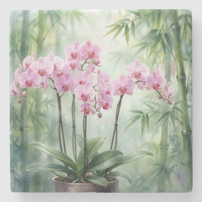 Posavasos De Piedra Pink Orchid Plant On Bamboo Background (Anverso)