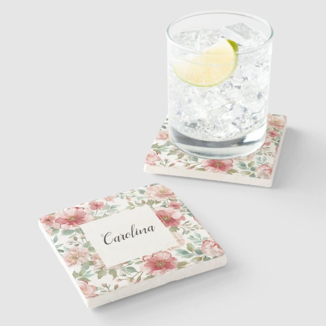 Posavasos De Piedra Pink Red Flowers   (Lateral)