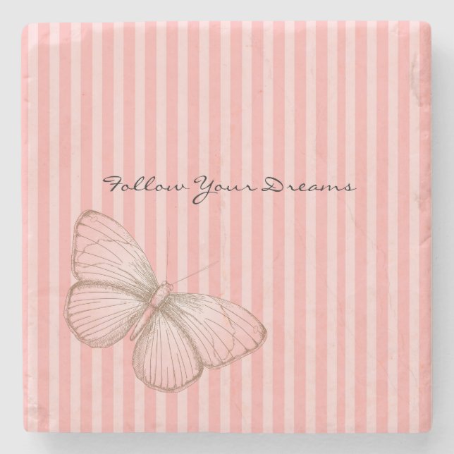 Posavasos De Piedra Pink Stripes with Butterfly (Anverso)