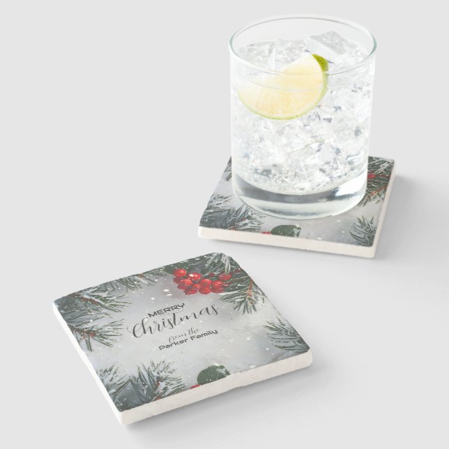 Posavasos De Piedra Pino cubierto de nieve, Holly Berries, sin foto (Lateral)