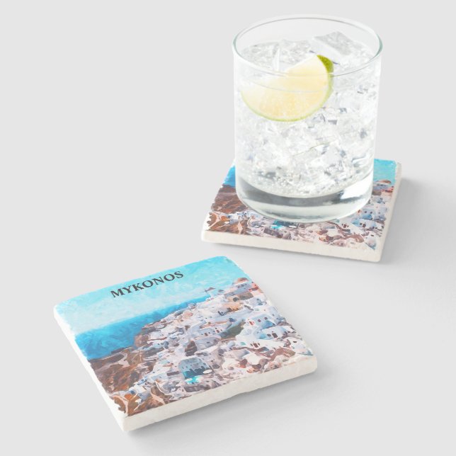 Posavasos De Piedra Pintado de acuarela de Mykonos Grecia (Lateral)