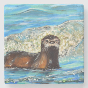 Posavasos De Piedra Pintado Otter in the Waves 2