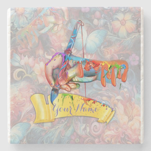 Posavasos De Piedra Pintando flores de fantasía que expresan la natura (Anverso)