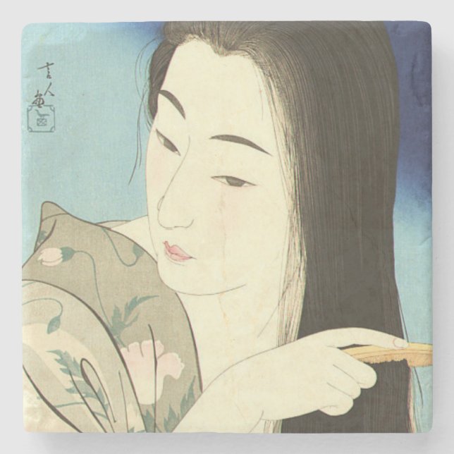Posavasos De Piedra Pintando su pelo (bella mujer asiática) (Kotondo) (Anverso)