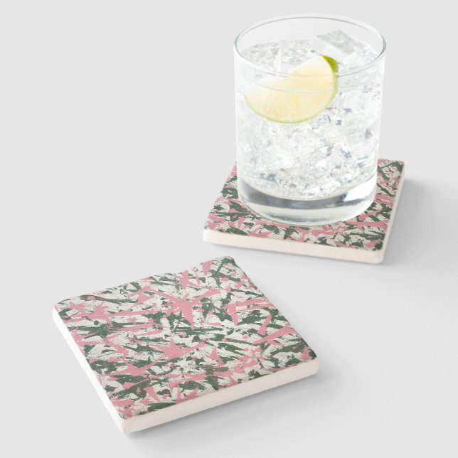 Posavasos De Piedra Pintura abstracta en rosa y verde (Lateral)