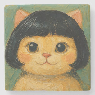 Posavasos De Piedra Pintura al óleo de gato lindo (#2)