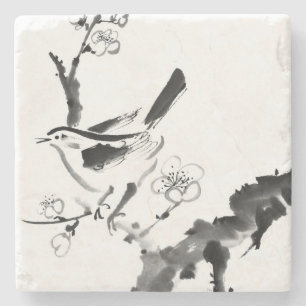 Posavasos De Piedra Pintura china, flor del ciruelo y pájaro