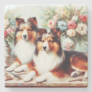 Posavasos De Piedra Pintura de aceite de perros recortados retro