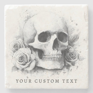 Posavasos De Piedra Pintura de acuarela de calavera con rosas