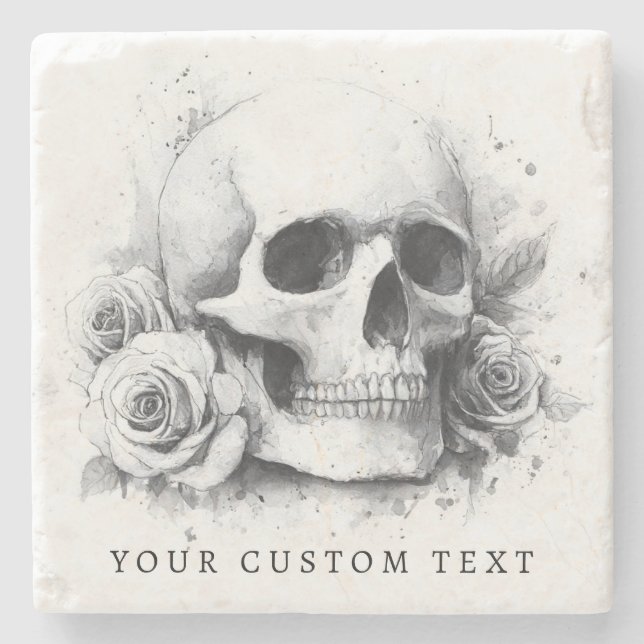 Posavasos De Piedra Pintura de acuarela de calavera con rosas (Anverso)