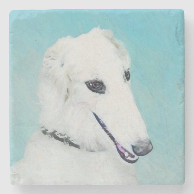 Posavasos De Piedra Pintura de Borzoi (blanco) - Arte de perro origina (Anverso)