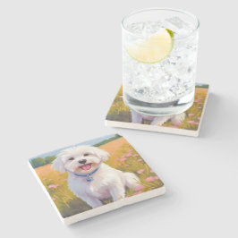 Posavasos De Piedra Pintura de Campo de Flores de Perro Maltés