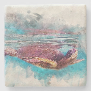 Posavasos De Piedra Pintura de color de agua de la tortuga verde hawai