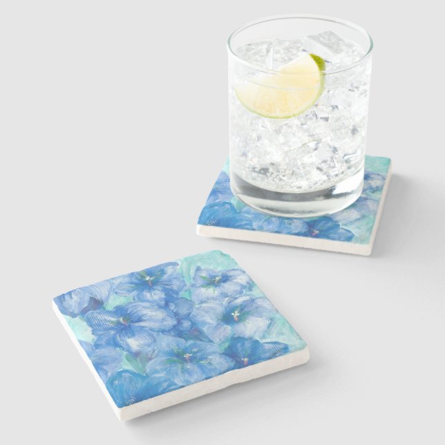 Posavasos De Piedra Pintura de flor silvestre azul gentiano (Lateral)