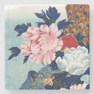 Posavasos De Piedra Pintura de flores de pavo real y peonías vintage
