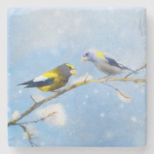 Posavasos De Piedra Pintura de Grosbeak por la noche - Arte de Perro O