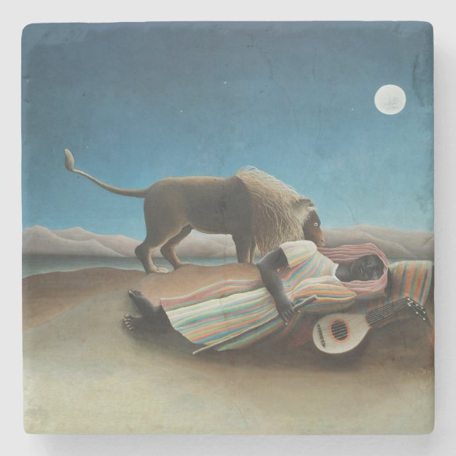 Posavasos De Piedra Pintura de león gitano durmiente de Henri Rousseau (Anverso)