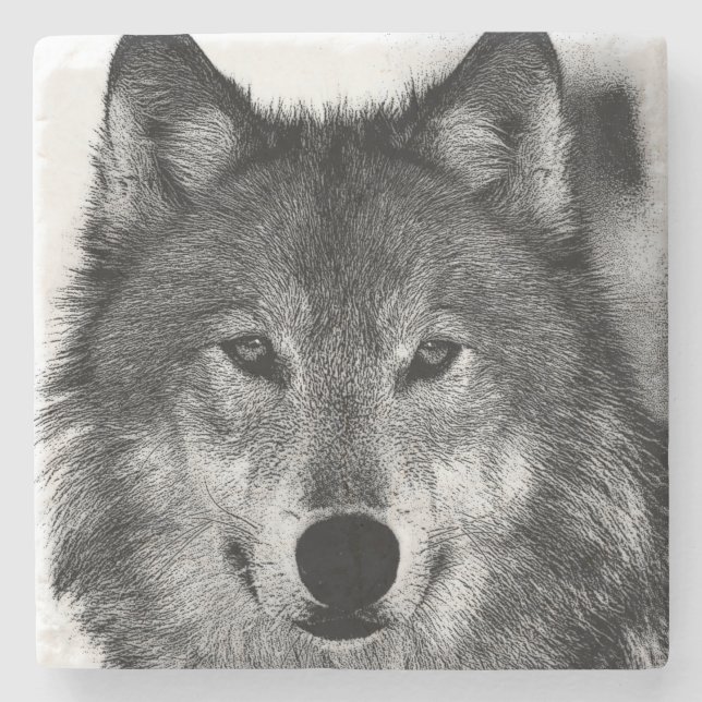 Posavasos De Piedra Pintura de Lobo Blanco y Negro (Anverso)