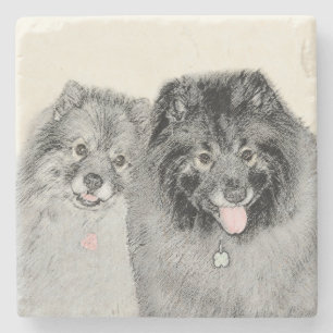 Posavasos De Piedra Pintura de madre y hijo Keeshond - Arte de perro o
