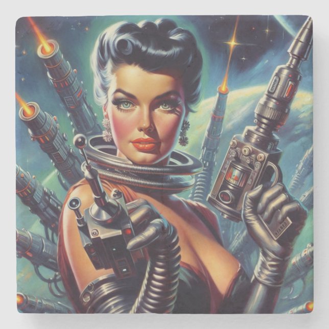 Posavasos De Piedra Pintura de mujer de ciencia ficción retro (Anverso)