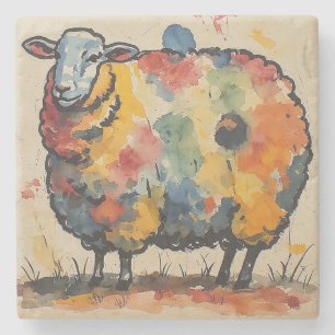 Posavasos De Piedra Pintura de oveja juguetona en acuarela