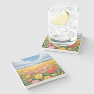 Posavasos De Piedra Pintura de paisaje de campo de flores acuarela