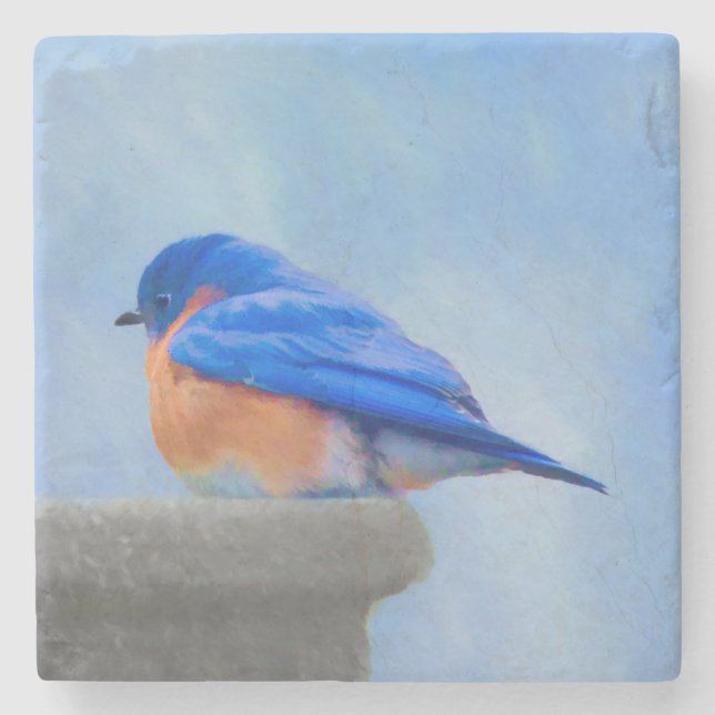 Posavasos De Piedra Pintura de pájaro azul - Arte original de aves (Anverso)