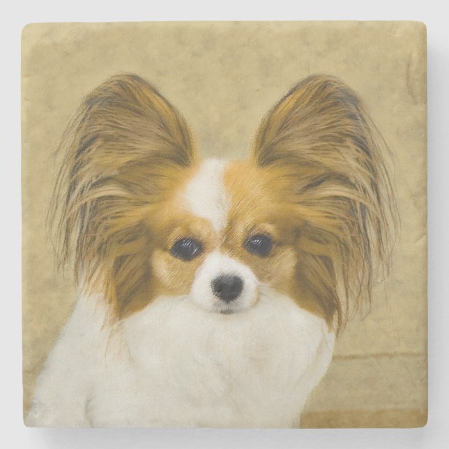 Posavasos De Piedra Pintura de Papillon (Hound Tri) - Arte original de (Anverso)