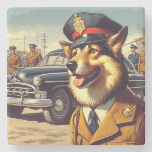 Posavasos De Piedra Pintura de perro de la policía retro
