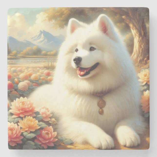 Posavasos De Piedra Pintura de perro de Samoyed de época (Anverso)