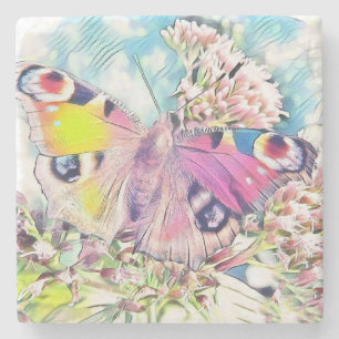 Posavasos De Piedra Pintura de una mariposa rosa sobre flores de color