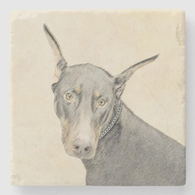Posavasos De Piedra Pintura Doberman Pinscher - Original Dog Art (Anverso)