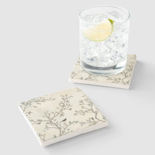 Posavasos De Piedra Pintura en Acuarela de Rama de Pájaro Beige Natura