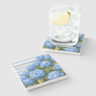 Posavasos De Piedra Pintura floral de hortensias azules arbustos