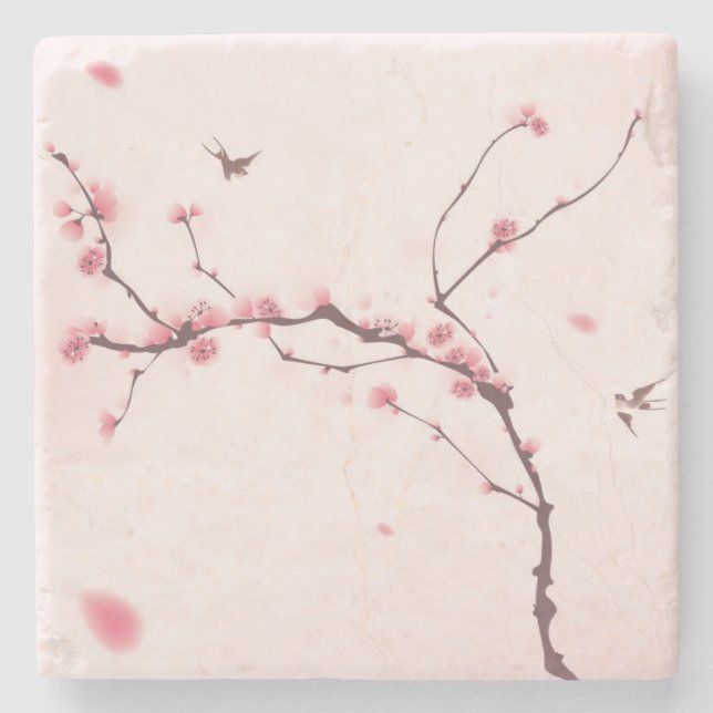 Posavasos De Piedra Pintura oriental del estilo, flor de cerezo (Anverso)