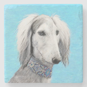 Posavasos De Piedra Pintura Saluki (plateada) - Arte Perro Original.