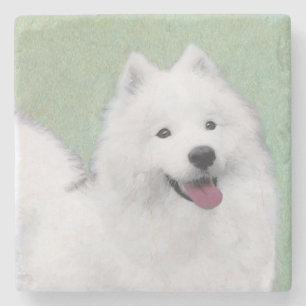 Posavasos De Piedra Pintura Samoyed - Arte Perro Original Cuto