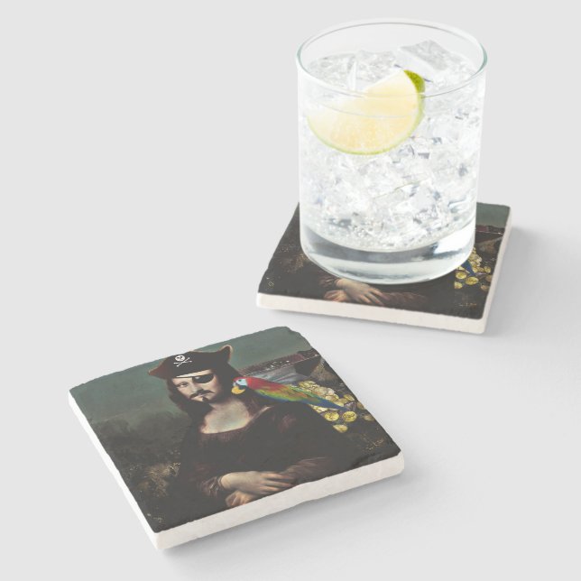 Posavasos De Piedra Pirate Mona Lisa with Eye Patch (Lateral)