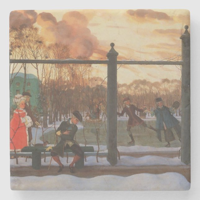 Posavasos De Piedra Pista de hielo en invierno (por Konstantin Somov) (Anverso)