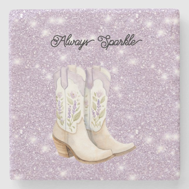 Posavasos De Piedra Pistachio Lavender Cowgirl Boots Sparkle Glitter (Anverso)