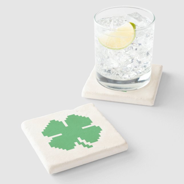 Posavasos De Piedra Pixel Lucky Four Leaf Clover de 8 bits (Lateral)