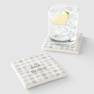 Posavasos De Piedra Plaid de rayas blancas y grises