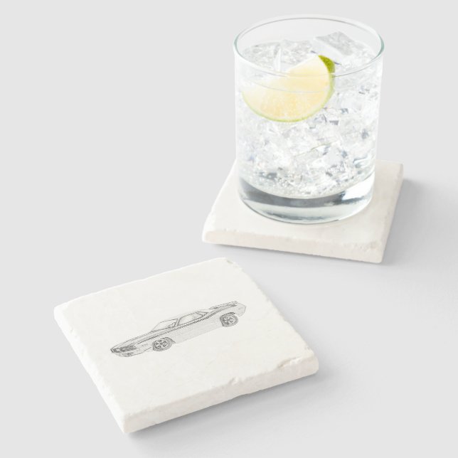 Posavasos De Piedra Plano blanco y negro de Plymouth Barracuda 1970 (Lateral)